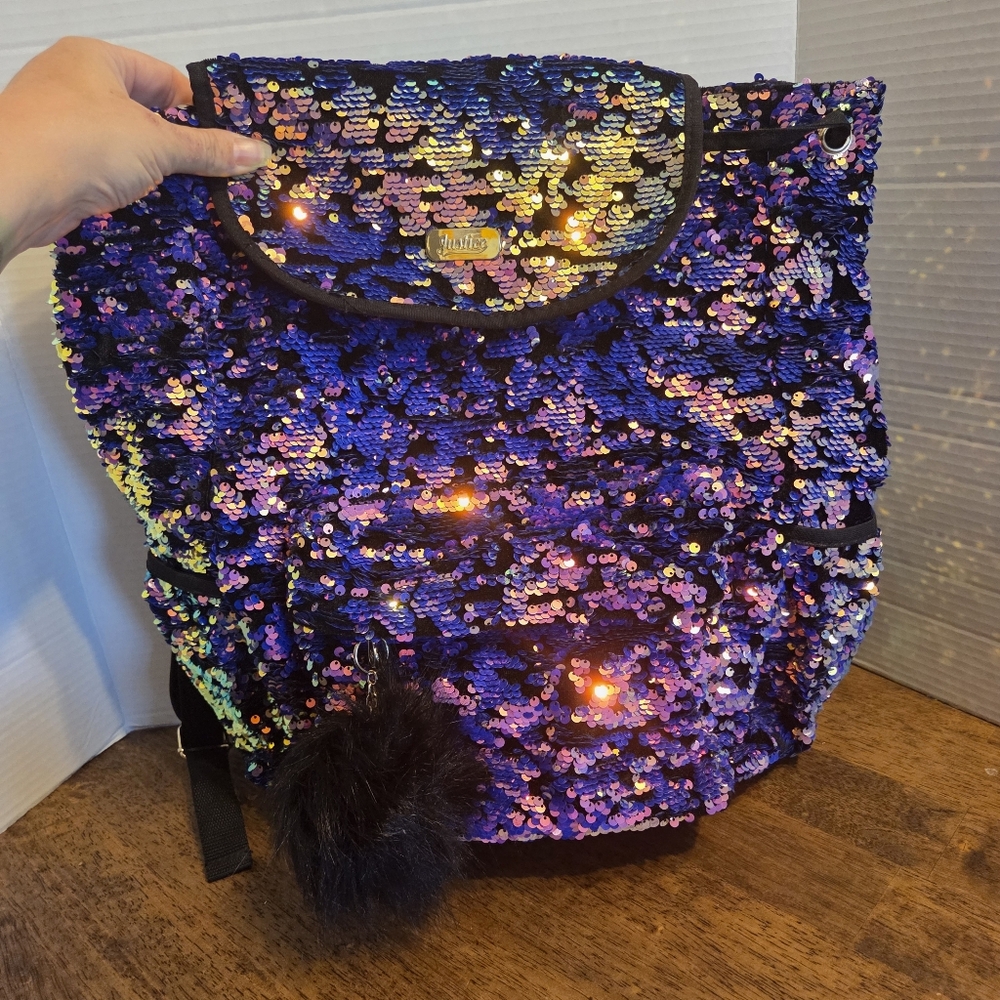 NWT Justice Sequin Backpack with Pom Pom